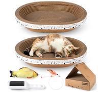 4PCS 2 Corrugated Cat Scratcher Lounge Bowl +1 Scratching Pad Cardboard with House + 1 Brush, Oval Cat Bed for 2 Cats, Scratch Board for Cats, Cute Round Cat Lounger Scratcher for Furniture Protection