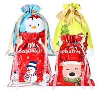 4pcs 24×32cm 4styles Gift Christmas Bags,Santa Claus Elk Snowman Drawstring Ribbon Plastic Xmas Bags for Christmas Delivering Gift Shopping Birthday Present Party Decorations