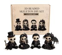 4Pcs 3D Beaded Skeleton DIY Kit, Cute Mini 3D Skull Bead Craft Set with Step-by-Step Guide, Halloween Decor Making, Gift for Adults/Teens, Handmade Beaded Embroidery for Halloween Beginners (C)