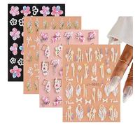 4PCS 3D Embossed Flower Leaves Nail Stickers & Decals, 4 Sheets Self-Adhesive Summer Floral Nail Art Decals for Gel Nails, Tip Stickers, Nail Accessories
