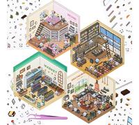 4Pcs 3D Fun Mini Panda House Scenes Stickers with Tweezers Make Your Own Mini Kitchen Bookstore Supermarket Room Stickers Scenes Cute Mini Room Craft Scrapbook Stickers for Relief Stress Pass The Time