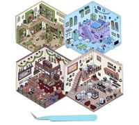 4PCS 3D House Stickers Set PET 3D Sticker Scene Loft Restaurant Library Bakery Isometric Stickers Funny 3D Miniature Scene Stickers Cute Stickers Arts and Crafts for Kids Adults