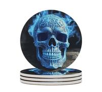 4PCS 3D Print Blue Skull Coasters Non-Slip Round Drink Coasters with Ceramic Stone and Cork Base, Heat Resistant Absorbent 33.00Stone Coaster Set for Kinds of Mugs and Cups, 4 Inch