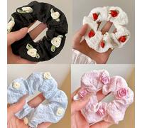 4Pcs 3D Rose Hair Scrunchies Set - Soft Fabric Floral Hair Ties for Women & Girls, Gentle Elastic Ponytail Holders No Damage Bands for School, Party, Daily Styling