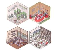4PCS 3D Sticker Scene,3D House Stickers,Sticker Scene,DIY Stickers Scene,Coffee Shop/Restaurant/Bookstore,Sticker Healing for Adult Kids Relief Stress Pass