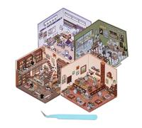 4Pcs 3D Stickers Scene, 3D House Sticker Set Make Your Own Sticker, Fun DIY Scene Stickers: Supermarket Coffee Shop Restaurant Bookstore, Sticker Therapy for Adults Children Kids Stress Relief