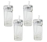 4Pcs 400ml Square Glass Cups with Lids Straws 2x5in, Temperature Resistant for Coffee Juice Beverage