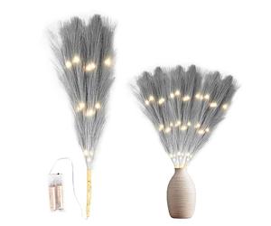 4Pcs - 45cm Prelit Grey Pampas Grass Stem, Warm White LEDs Battery-Operated Christmas Artificial Flowers for Boho Wedding Bedroom Living Room Decorations
