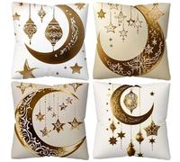4PCS 45cmx45cm Ramadan Eid Light Throw Pillow Covers Light Moon Stars Square Pillow Cases Linen Zipper Cushion Cases for Couch Sofa Car Living Room Home Decor Pillowcase