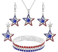 4Pcs 4th of July Accessories,Patriotic Earring Ear stud Necklaces Bracelets for Women Red White and Blue Glitter Rhinestone Independence Day Jewelry Gift Fourth of July Outfits Accessories Party Decor