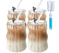 4Pcs 530ML Glass Mugs with Straws - Clear Iced Coffee Cup Matcha Ribbed Wavy Glass Cups Matcha Glasses with Straws Brush & Cup Brush for Ice Coffee Juice Drink Milk Tea Cocktail Wedding Birthday Gift