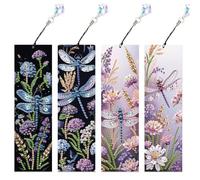 4Pcs 5D Diamond Painting Bookmarks for Book Lovers Handmade Art Bookmark Dragonfly Diamond Bookmark with Glass Pendant, Nice Gift for Graduation Birthday