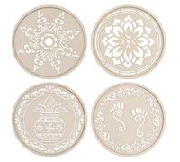 4Pcs 6.3 Inch Diwali Rangoli Stencils, Wooden DIY Sand Art Making Kit, Diwali Items for Varalakshmi Pooja Decoration Onam Indian Festival Home Decor, Footprint Lotus Floral & Kalash Patterns