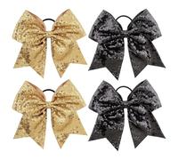 4PCS 6.7Inch Cheer Bows,Glitter Gold and Black Cheerleading Bow,Cheer Hair Bows Elastic Band for Sports Cheerleader Team Outfit Uniform