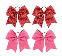 4PCS 6.7Inch Large Glitter Cheer Hair Bows, Glitter Red and Pink Cheerleading Bow Ponytail Holder Elastic Band for Cheerleading Teen Girls College Sports