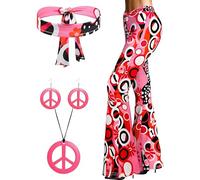 4PCS 70s Hippie Retro Print Outfit Set-Pink,Include Headband,Flared Pants,Earrings&Necklace,Hippy Clothes for Women,Vintage Boho Style Outfit for Festival,Costume Party & Daily Wear,XL