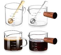 4Pcs 75ml Double Spouts Measuring Cup, Espresso Shot Glass with Wood Handle, Measuring Triple Pitcher Milk Cup with Dual Scale, Barista's Accessories for 2oz Clear Mini Measuring Cup Glass with Spoon