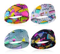 4PCS 80s 90s Vintage Headbands Retro Soft Sport Sweatbands Boho Neon Headband Universal Workout Wweatband For Men and Women For Hiking Cycling Party Travel Party Running Fitness