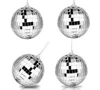 4Pcs 8cm Disco Ball Decorations, Mirror Ball Sparkly with Hanging Ring, Silver Glitter Balls, Hanging Disco Light Mirror for 70s 80s DJs Party Wedding Birthday Cake Topper Christmas Tree Decor