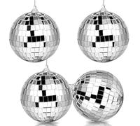 4Pcs 8cm Disco Ball Decorations,Silver Glitter Balls Hanging Disco Light Mirror Balls Sparkly,Christmas Tree Bauble Hanging Ball for 70s 80s DJs Retro Party Wedding Birthday Stage Prop Lighting Effect