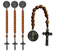 4Pcs 9 Inch Rosarios Catolicos St Benedict Medals Pocket Rosary Medalla de San Benito Crucifix Brown Wooden Prayer Beads for Men Women, S, Zinc Wood Nylon, No Gemstone