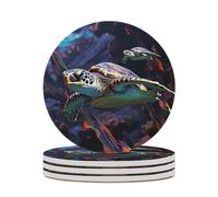 4PCS A Colorful Tropical Sea Turtle Coasters Non-Slip Round Drink Coasters with Ceramic Stone and Cork Base, Heat Resistant Absorbent 33.00Stone Coaster Set for Kinds of Mugs and Cups, 4 Inch