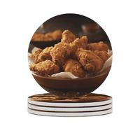 4PCS A Plate of Fried Chicken Coasters Non-Slip Round Drink Coasters with Ceramic Stone and Cork Base, Heat Resistant Absorbent 33.00Stone Coaster Set for Kinds of Mugs and Cups, 4 Inch