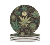 4PCS A Puff in Time Weed Marijuana Coasters Non-Slip Round Drink Coasters with Ceramic Stone and Cork Base, Heat Resistant Absorbent 33.00Stone Coaster Set for Kinds of Mugs and Cups, 4 Inch