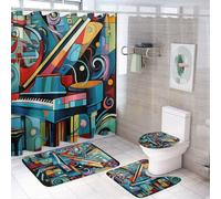 4Pcs Abstract Music Piano Waterproof Shower Curtain Sets for Bathroom,Cartoon Musical Instruments Bathroom Decor Set with Shower Curtain And Rugs And Accessories