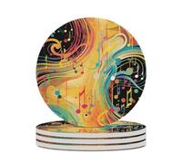 4PCS Abstract Music Themed Coasters Non-Slip Round Drink Coasters with Ceramic Stone and Cork Base, Heat Resistant Absorbent 33.00Stone Coaster Set for Kinds of Mugs and Cups, 4 Inch