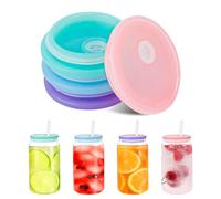 4pcs Acrylic Lids for Glass Cup, Reusable Silicone Jar Cap for 16 oz/20 oz Dustproof Bottle Tumbler Cute Covers Replacement for Beer Can Drinking Whiskey Soda Tea Glasses Gift (Candy Colors)