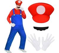 4pcs Adult Mario Costumes, Mario Cosplay Costume Accessories Kits with Bodysuit, Luigi Hats Cap, Mustaches, White Gloves, Mario Luigi Bros Fancy Dress Outfit Costume for Women Men Adult