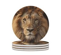 4PCS African Lion Head Coasters Non-Slip Round Drink Coasters with Ceramic Stone and Cork Base, Heat Resistant Absorbent 33.00Stone Coaster Set for Kinds of Mugs and Cups, 4 Inch