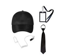 4PCS Agent Costume Accessories Set Secret Security Guard Outfit Black Spy Costume Hat Necktie Fake Earpiece ID Badge for Adults Teens Halloween Fancy Dress Party Props Cosplay Games Gear (Set 1)