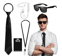 4PCS Agent Costume Accessories Set, Secret Security Guard Outfit Kit with Thin Frame Glasses Necktie Earpiece ID Badge for Teens Adults Christmas Halloween Cosplay Party Props
