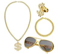 4Pcs Ali g Costume,Hip Hop Fancy Dress,Dollar Sign Necklace,80s/90s Rapper Accessories Set,Gold Chain Glasses,Fake Jewellery,Hippie Costumes Kit Retro Bling Ring Women Men for Christmas Party Prop (4)