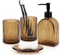 4Pcs Amber Glass Bathroom Accessories Set - Arched Stripe Design Soap Dispenser, Toothbrush Holder, Tumbler & Soap Dish - Complete Vintage Bathroom Countertop Organiser Set for Home Decor (Amber B)