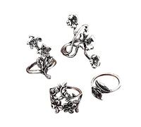4Pcs Ancient Silver Mori Vine Tree Leaf Flower Hollow Ring Set for Women Retro Vintage Silver Stack Rings Set Trendy Silver Rings for Teen Girls Large Rings for Women Fashion (Silver, One Size)