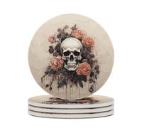 4PCS Ancient Skull and Flowers Coasters Non-Slip Round Drink Coasters with Ceramic Stone and Cork Base, Heat Resistant Absorbent 33.00Stone Coaster Set for Kinds of Mugs and Cups, 4 Inch