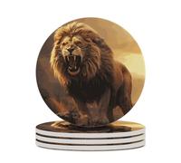 4PCS Angry Roaring Lion Coasters Non-Slip Round Drink Coasters with Ceramic Stone and Cork Base, Heat Resistant Absorbent 33.00Stone Coaster Set for Kinds of Mugs and Cups, 4 Inch