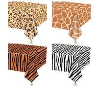 4Pcs Animal Print Table Cloths, Jungle Animal Theme Table Cover, Rectangular Leopard Tiger Zebra Giraffe Jungle Tablecloth for Zoo Safari Baby Showers Jungle Theme Birthday Decorations,130 x 220cm