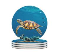 4PCS Animals Sea Turtles Coasters Non-Slip Round Drink Coasters with Ceramic Stone and Cork Base, Heat Resistant Absorbent 33.00Stone Coaster Set for Kinds of Mugs and Cups, 4 Inch