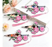 4pcs Anime Demon Tanjiro Bookmarks Set, Nezuko Zenitsu Hashira Sword Bookmark with Sakura Tassel, Reading Accessories for Students, Book Lovers & Anime Fans (Pink Sakura)