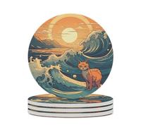 4PCS Anime Style Cat Coasters Non-Slip Round Drink Coasters with Ceramic Stone and Cork Base, Heat Resistant Absorbent 33.00Stone Coaster Set for Kinds of Mugs and Cups, 4 Inch