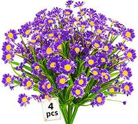 4PCS Artificial Daisy Flowers Outdoor Spring Summer Decoration UV Resistant Fake Flowers Faux Plastic Greenery Shrub Plant Indoor Outside Hanging Garden Home Porch Wedding Party Decor (Purple)
