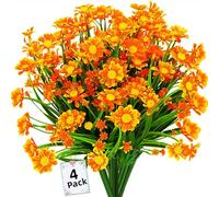 4PCS Artificial Daisy Flowers Outdoor Spring Summer Decoration UV Resistant Fake Flowers Faux Plastic Greenery Shrub Plant Indoor Outside Hanging Garden Home Porch Wedding Party Decor (Orange)