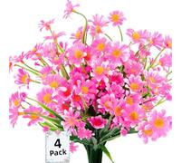 4PCS Artificial Daisy Flowers Outdoor Spring Summer Decoration UV Resistant Fake Flowers Faux Plastic Greenery Shrub Plant Indoor Outside Hanging Garden Home Porch Wedding Party Decor (Pink)