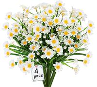 4PCS Artificial Daisy Flowers Outdoor Spring Summer Decoration UV Resistant Fake Flowers Faux Plastic Greenery Shrub Plant Indoor Outside Hanging Garden Home Porch Wedding Party Decor (White)
