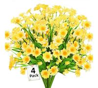 4PCS Artificial Daisy Flowers Outdoor Spring Summer Decoration UV Resistant Fake Flowers Faux Plastic Greenery Shrub Plant Indoor Outside Hanging Garden Home Porch Wedding Party Decor (Yellow)