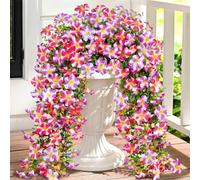 4PCS Artificial Hanging Flowers Outdoor UV-Resistant Fake Hanging Plants Flower Bouquet Artificial Morning Glory with Eucalyptus Hanging Drooping Plants for Wall Home Garden Yard Decor (Pink Purple)